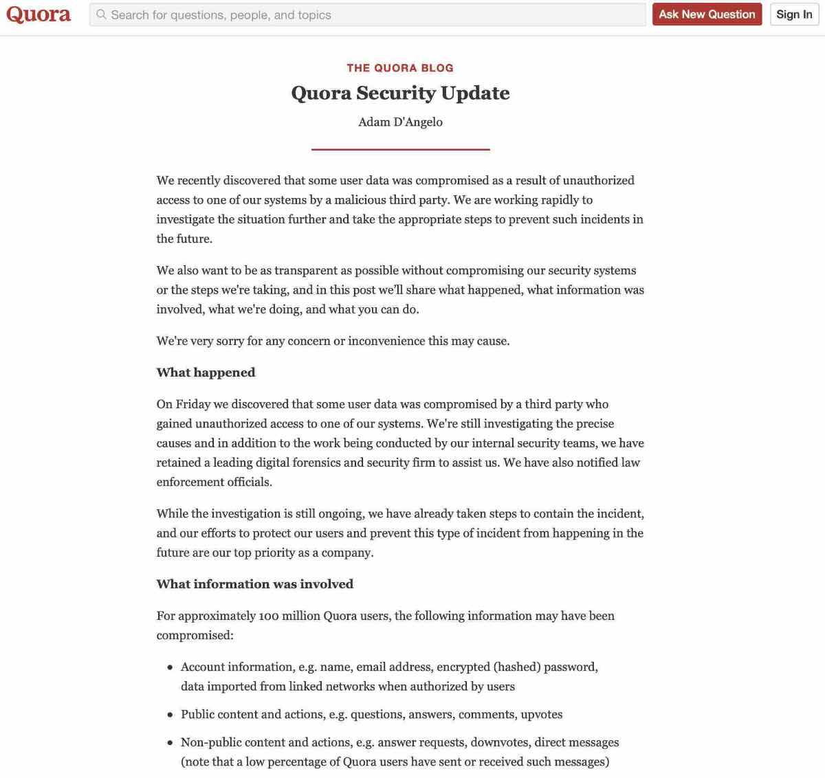 Сервіс Quora зламали і викрали дані понад 100 млн користувачів