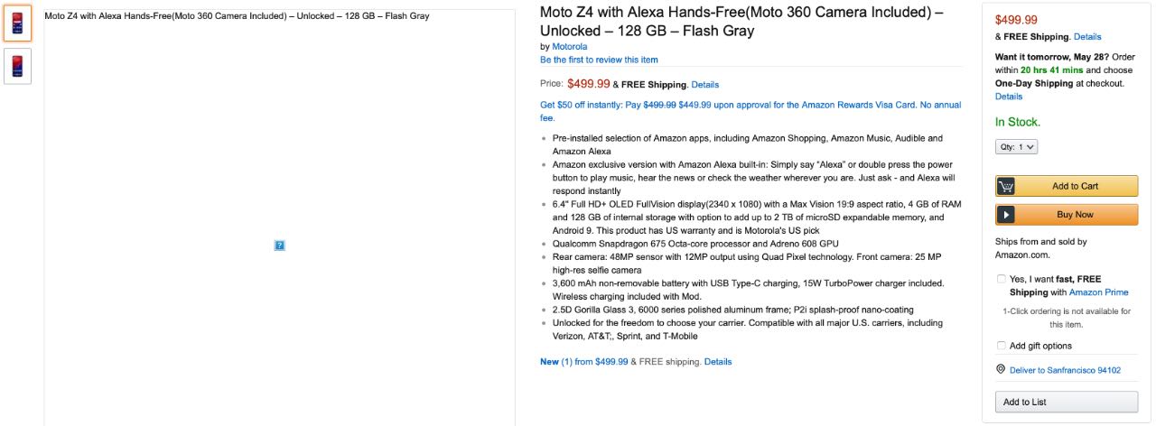 Amazon продав неанонсований смартфон Motorola Moto Z4