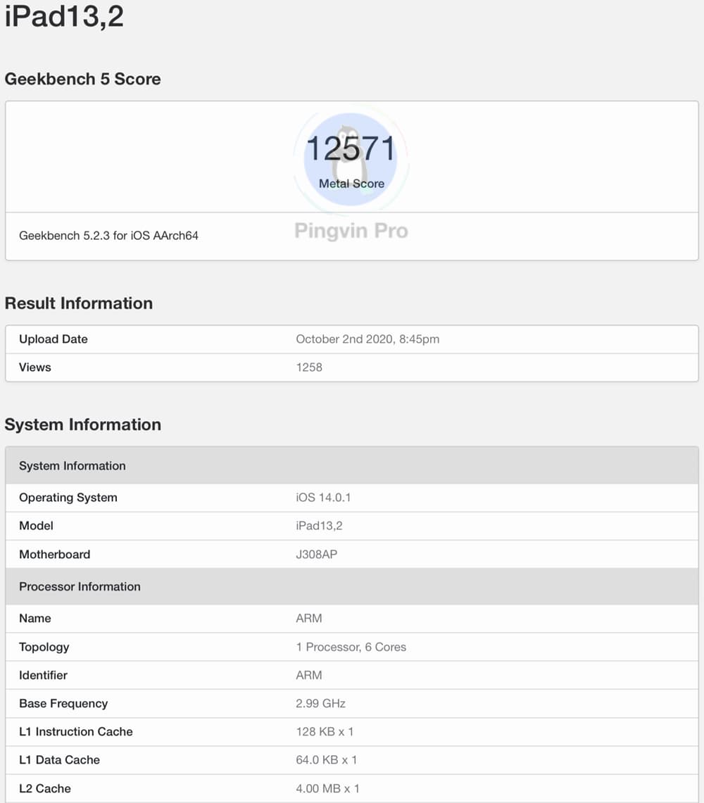 Apple iPad Air 2020 - Apple A14 Bionic - Geekbench 5