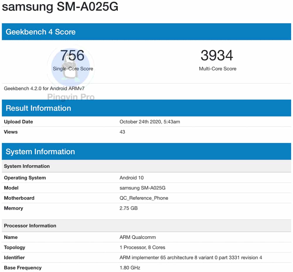 Samsung Galaxy A02s - Samsung SM-A025G - бенчмарк Geekbench 4