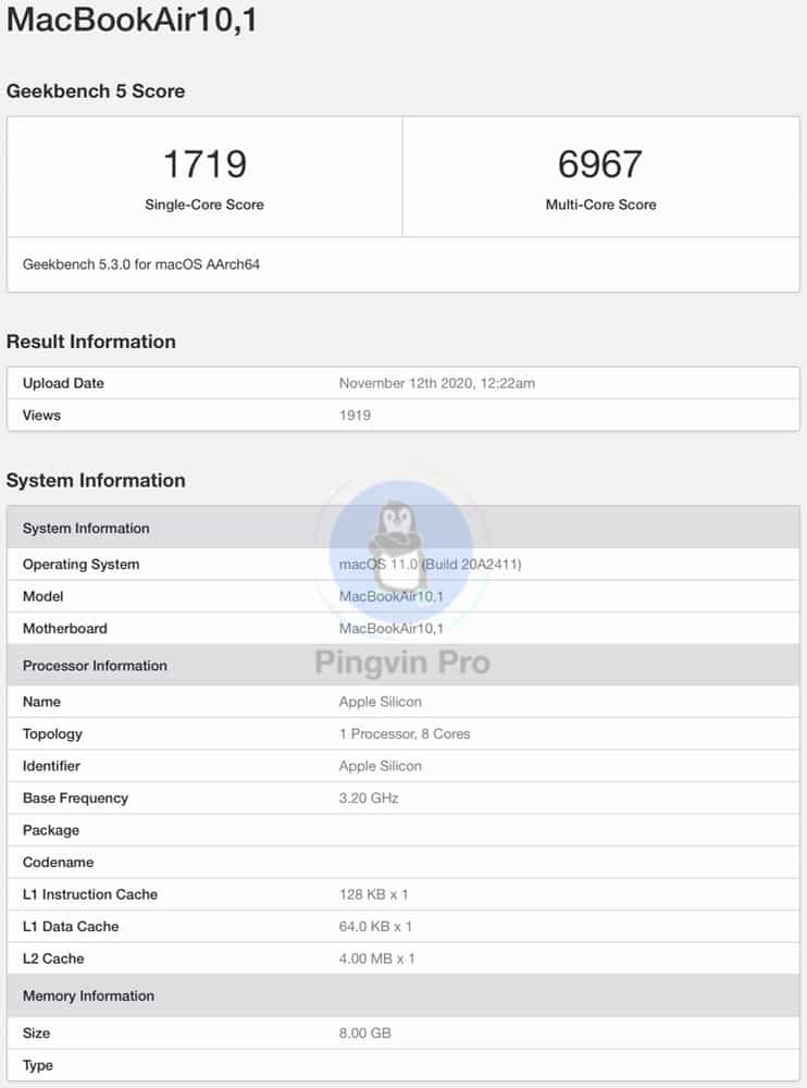 Apple MacBook Air 13.3 (M1 2020) - GeekBench 5 - CPU