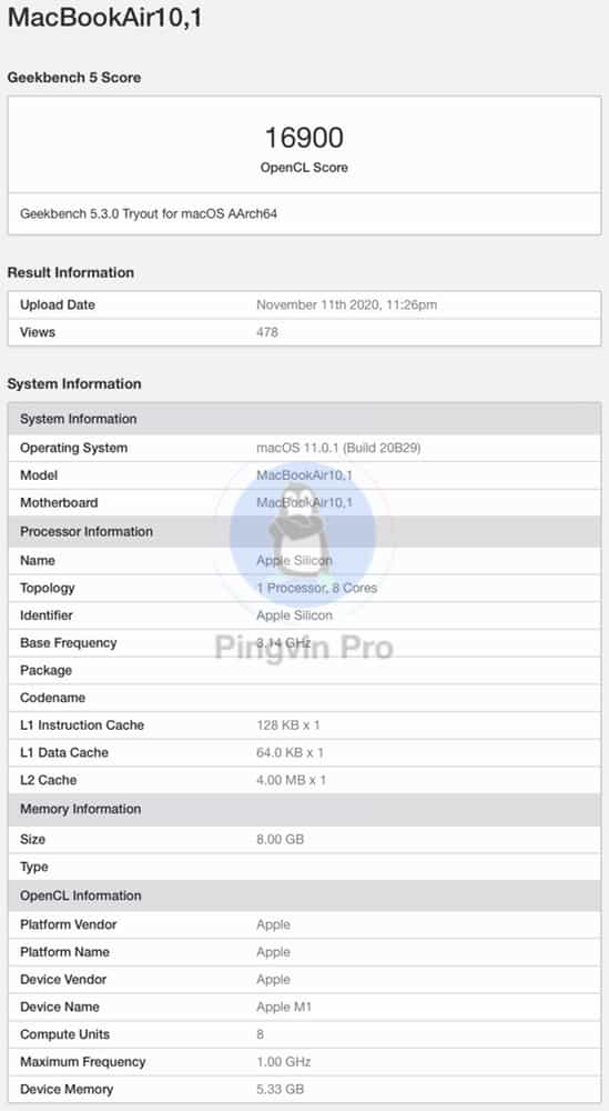 Apple MacBook Air 13.3 (M1 2020) - GeekBench 5 - GPU - OpenCL