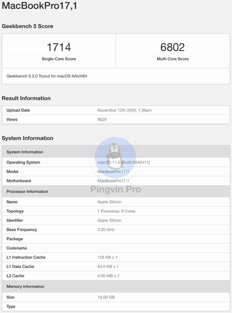 Apple MacBook Pro 13.3 (M1 2020) - GeekBench 5 - CPU
