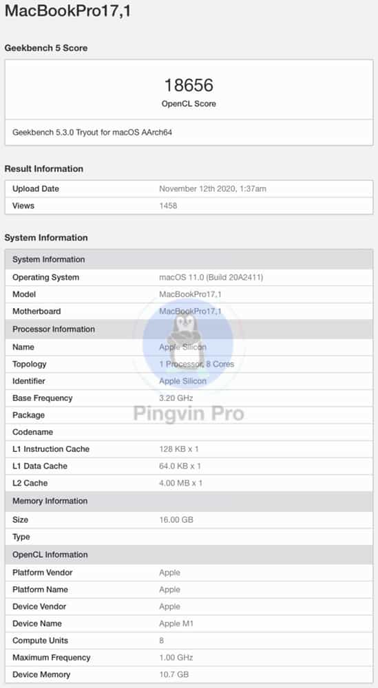 Apple MacBook Pro 13.3 (M1 2020) - GeekBench 5 - GPU - OpenCL