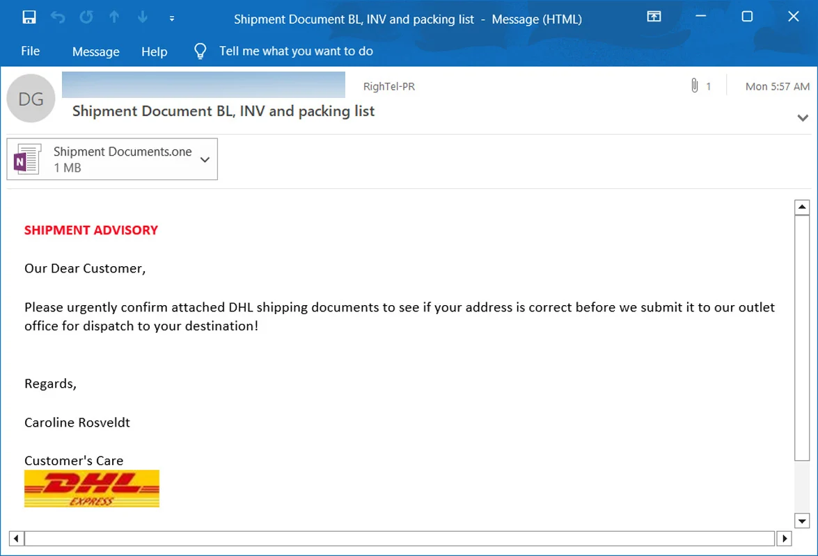 Фальшивий електронний лист від DHL із вкладенням OneNote